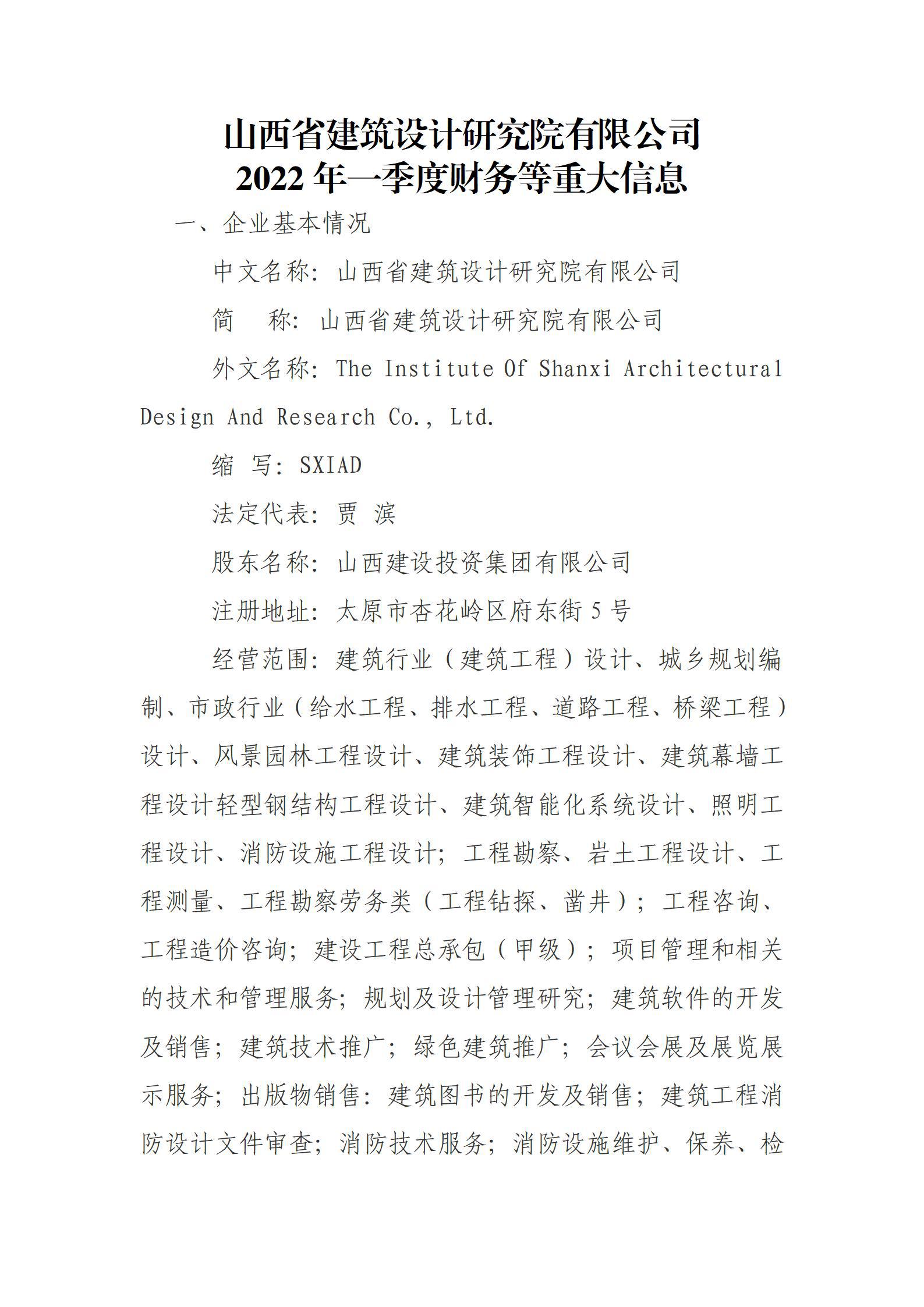 山西省建筑設(shè)計研究院有限公司2022年一季度財務(wù)等重大信息