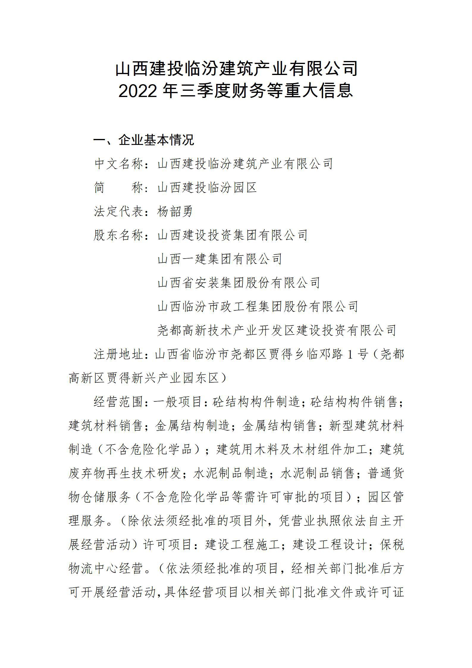 山西建投臨汾建筑產(chǎn)業(yè)有限公司2022年三季度財務(wù)等重大信息
