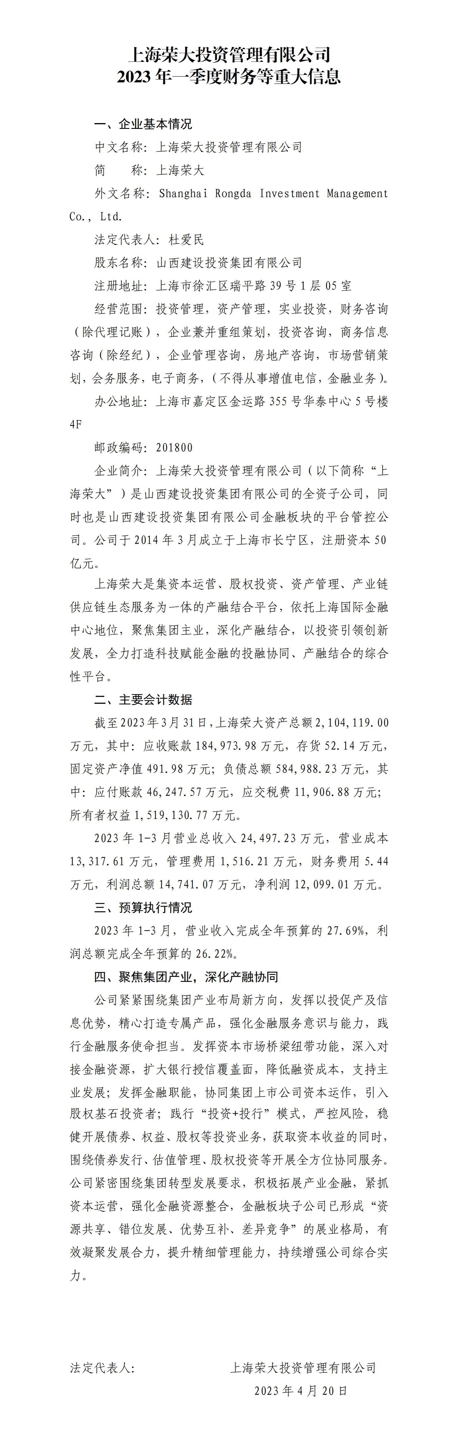 上海榮大投資管理有限公司2023年一季度財(cái)務(wù)等重大信息