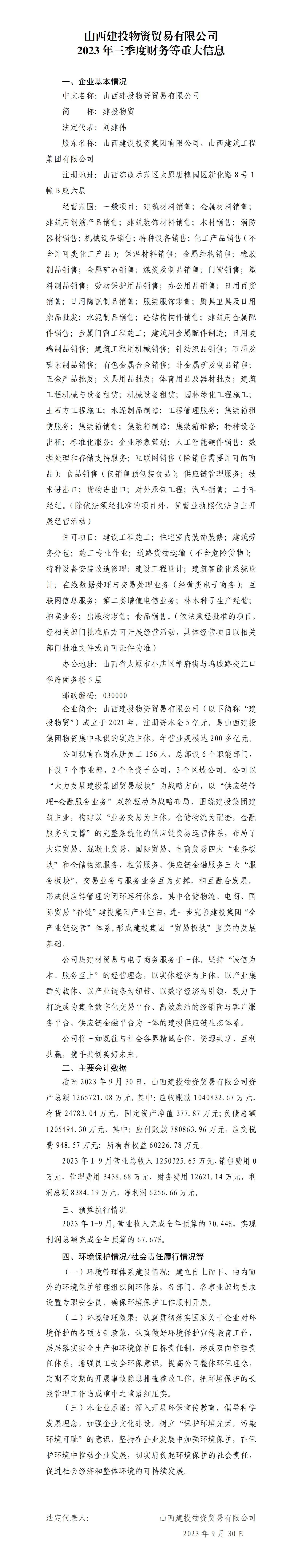 山西建投物資貿(mào)易有限公司2023年三季度財(cái)務(wù)等重大信息