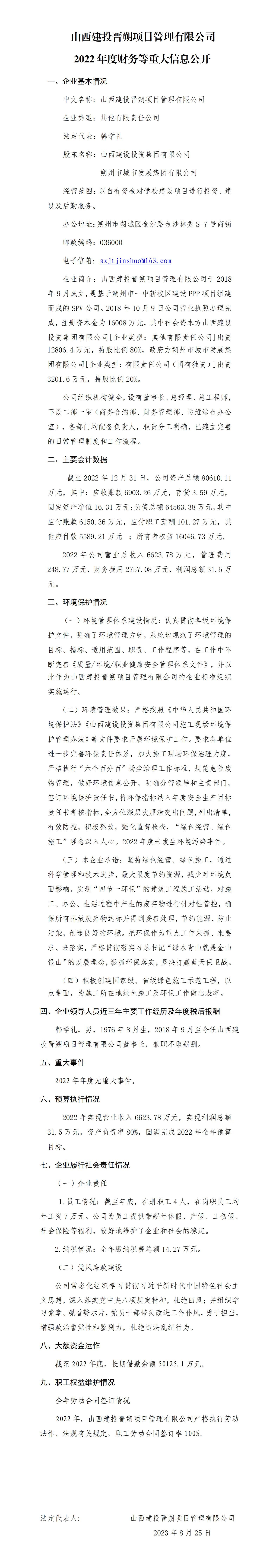 山西建投晉朔項目管理有限公司2022年度財務等重大信息公開