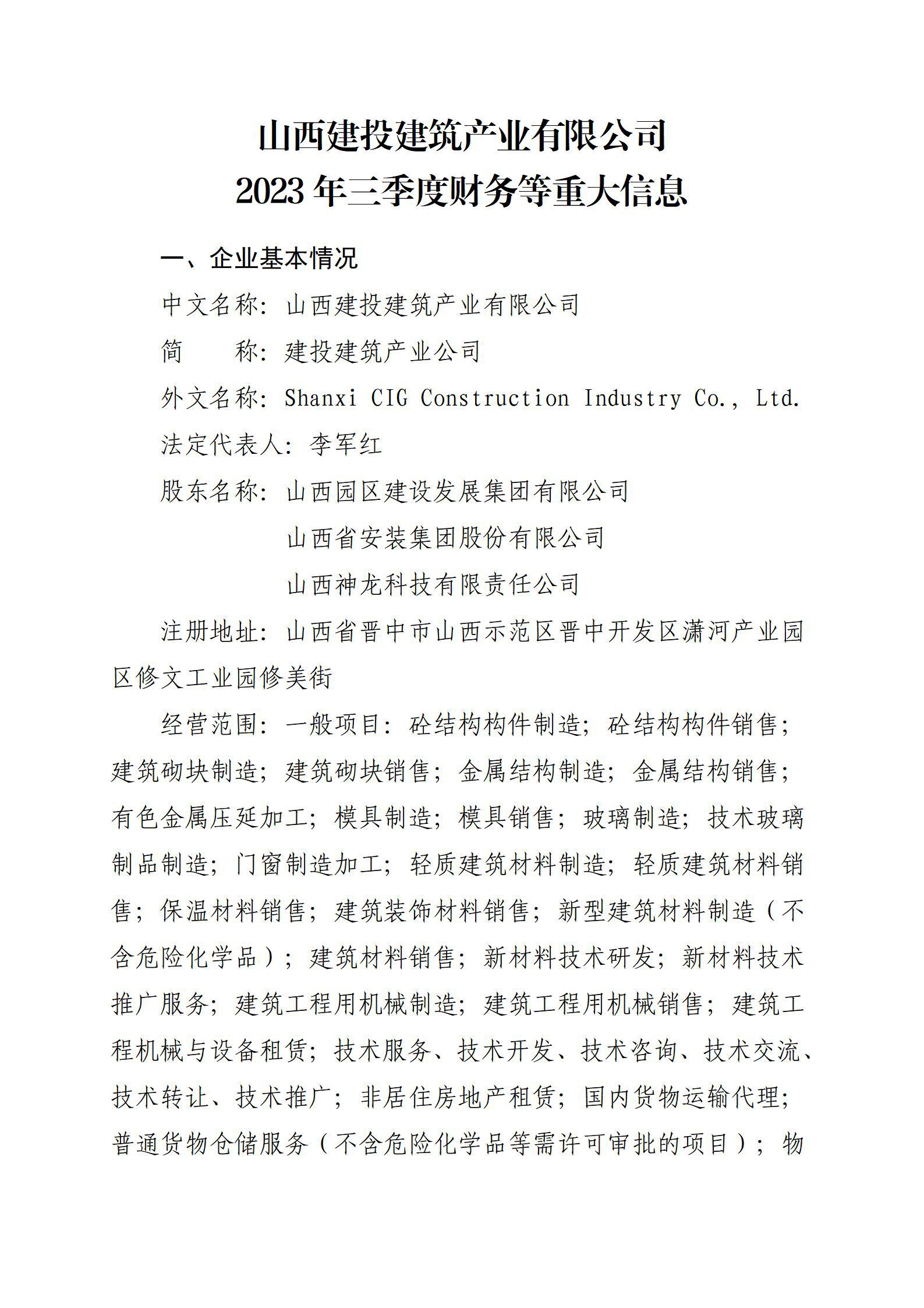 山西建投建筑產(chǎn)業(yè)有限公司2023年三季度財(cái)務(wù)等重大信息