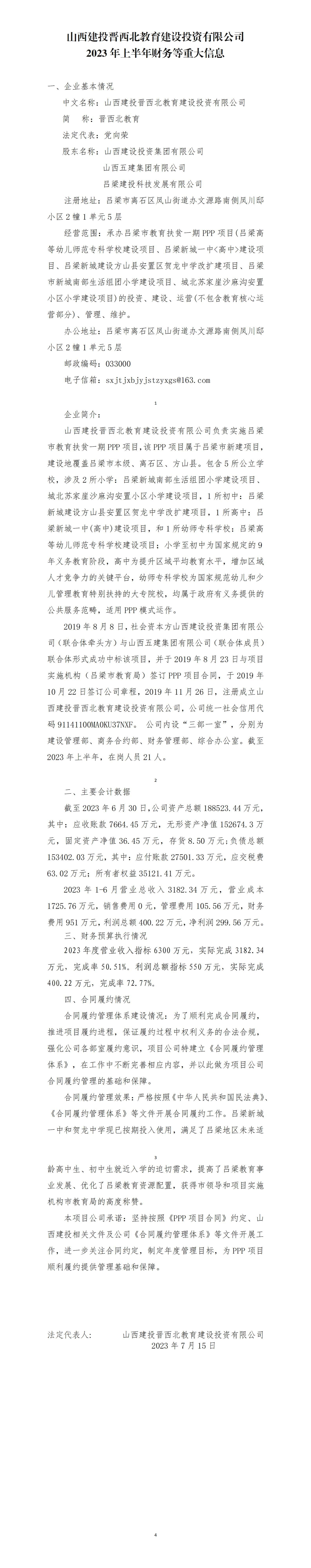 山西建投晉西北教育建設(shè)投資有限公司2023年上半年財(cái)務(wù)等重大信息