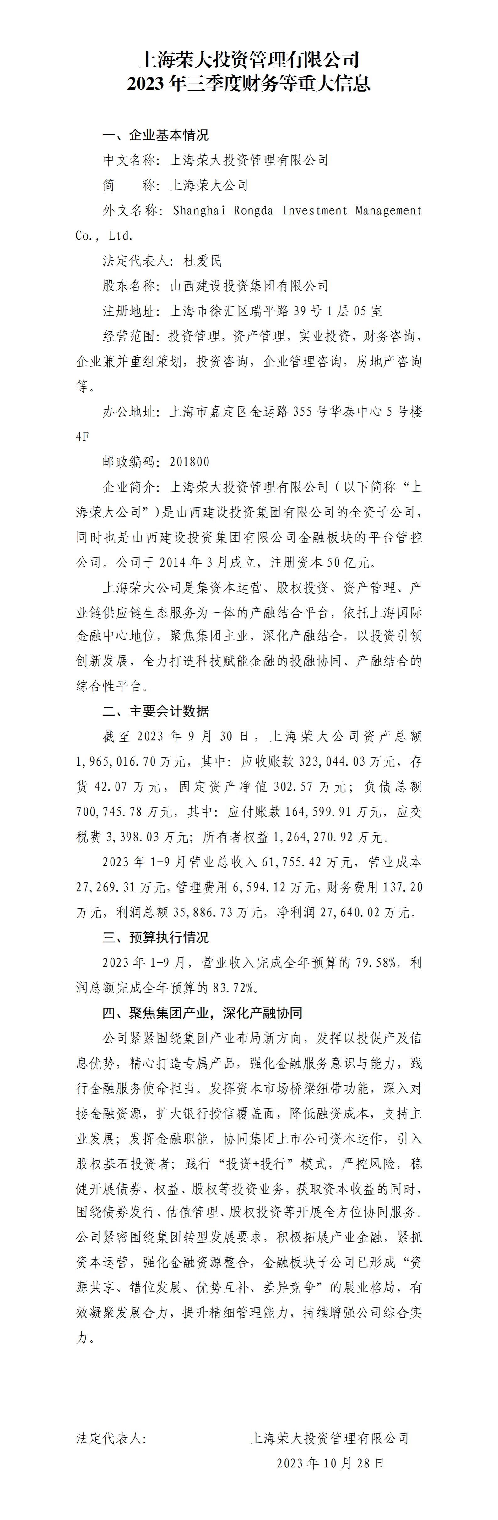 上海榮大投資管理有限公司2023年三季度財(cái)務(wù)等重大信息