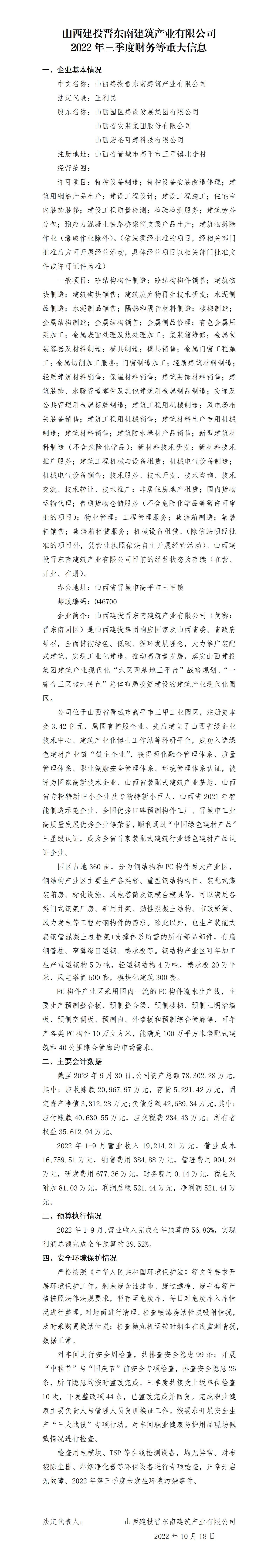 山西建投晉東南建筑產(chǎn)業(yè)有限公司2022年三季度財務(wù)等重大信息