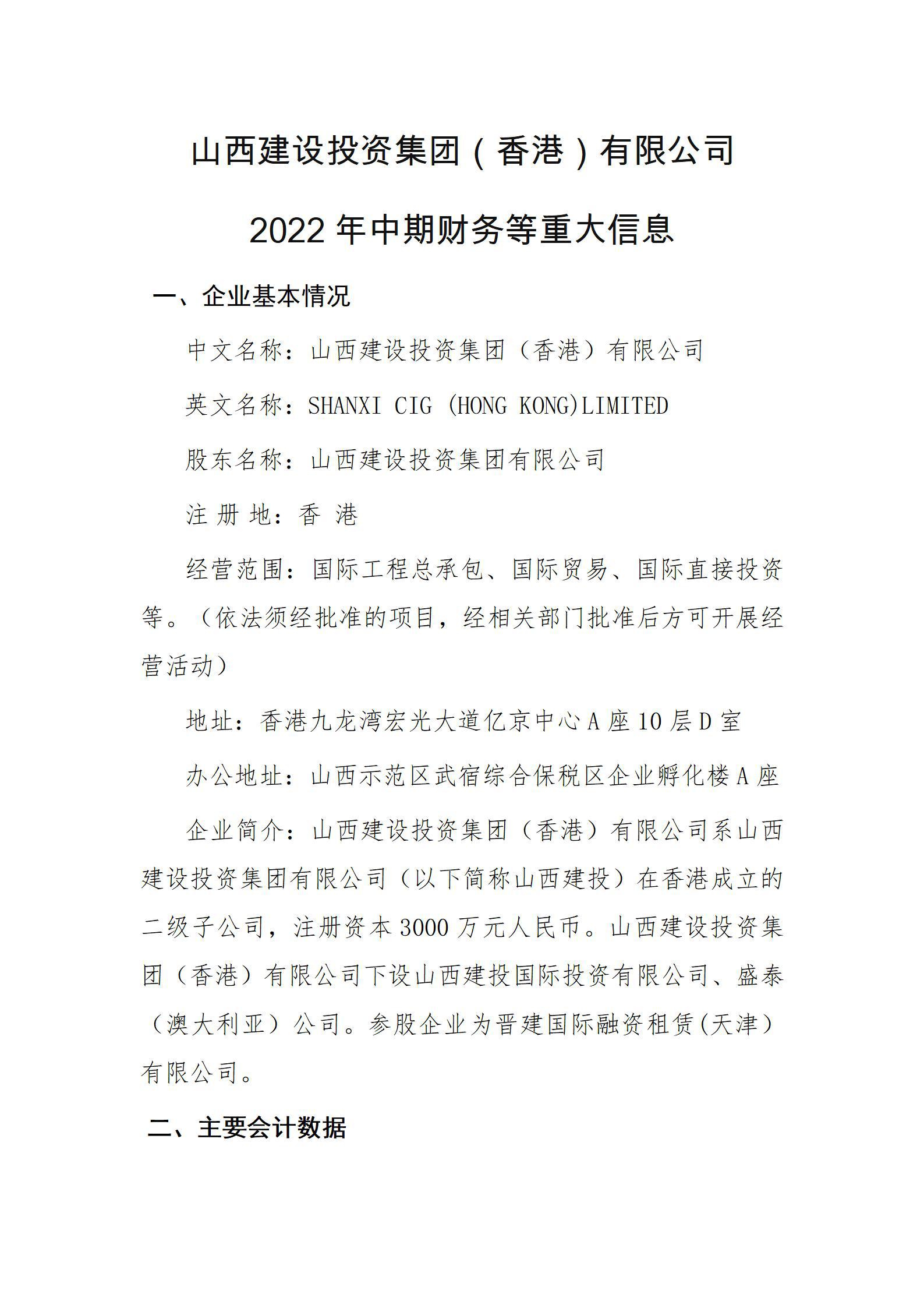 山西建設投資集團（香港）有限公司2022年中期財務等重大信息