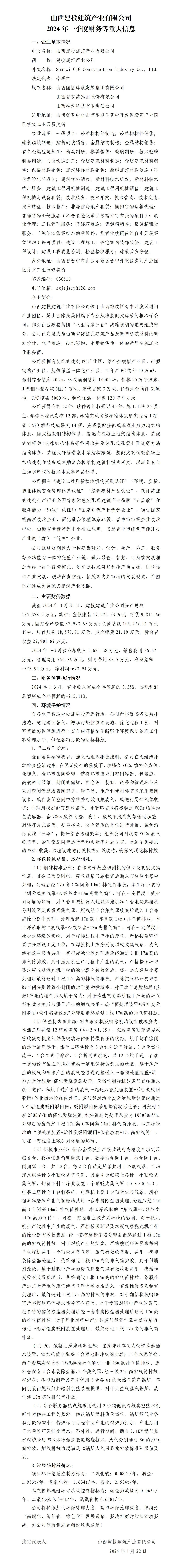 山西建投建筑產(chǎn)業(yè)有限公司2024年一季度財(cái)務(wù)等重大信息