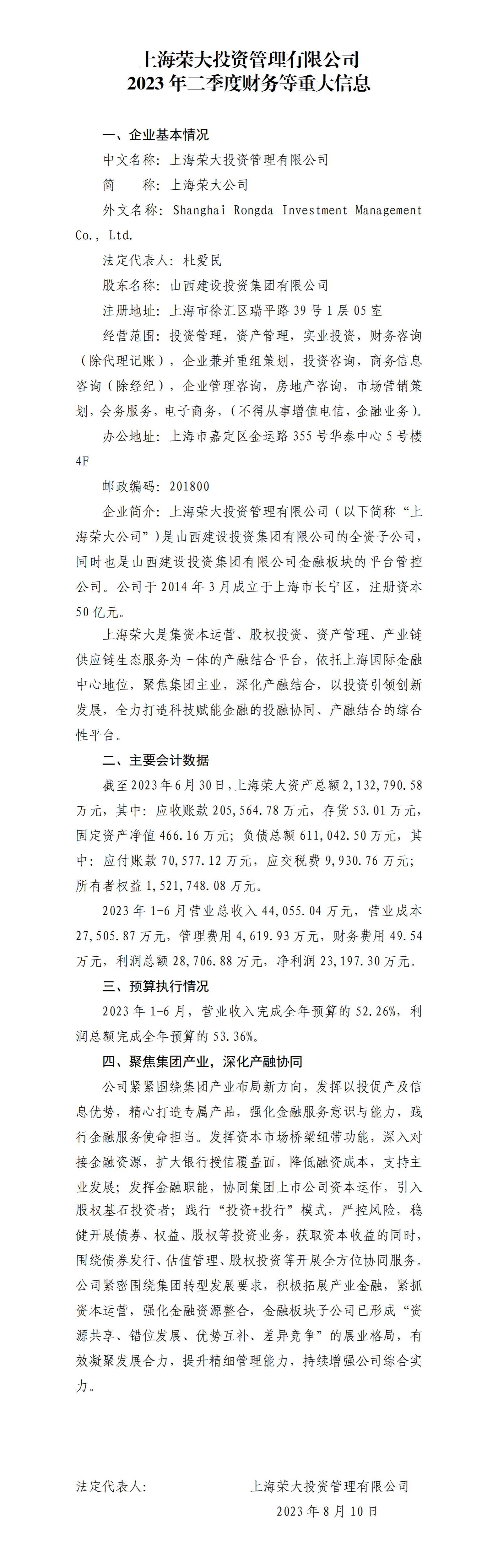 上海榮大投資管理有限公司2023年二季度財(cái)務(wù)等重大信息