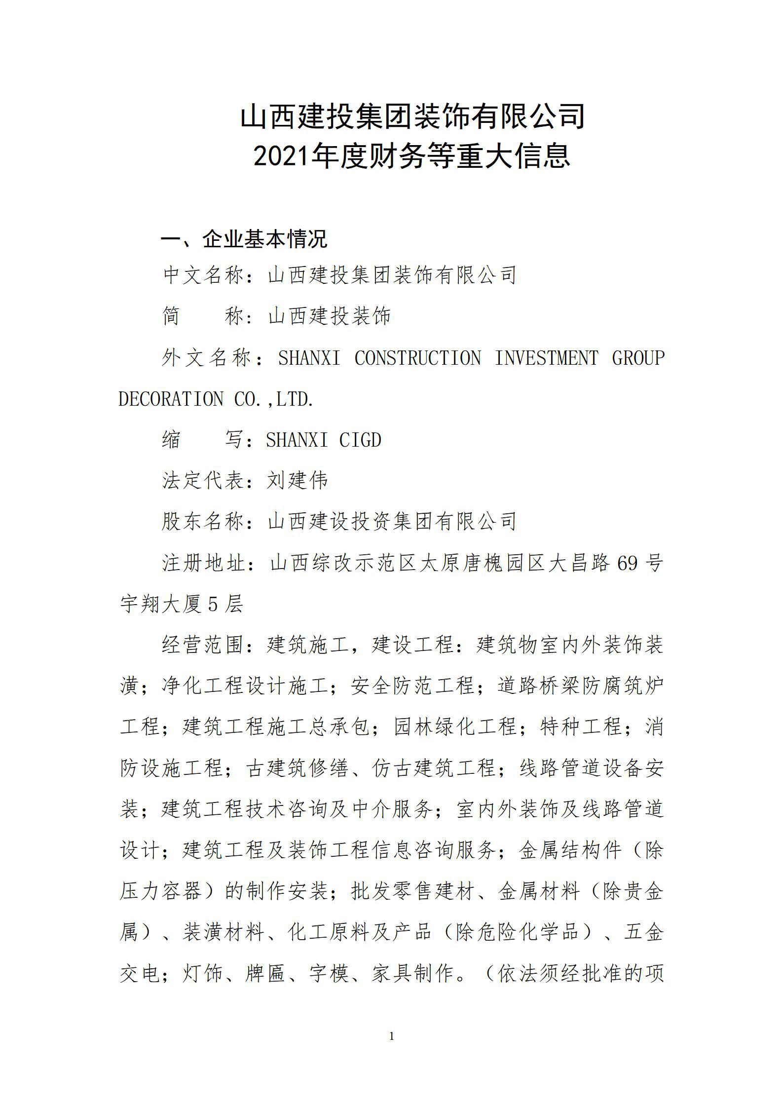 山西建投集團裝飾有限公司2021年度財務等重大信息